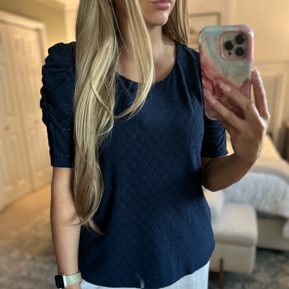 CeCe Navy Blue Eyelet Blouse - Picture 1 of 4
